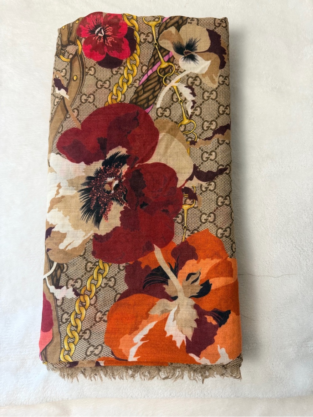 Gucci Floral GG Print Scarf in Brown, Red & Orange